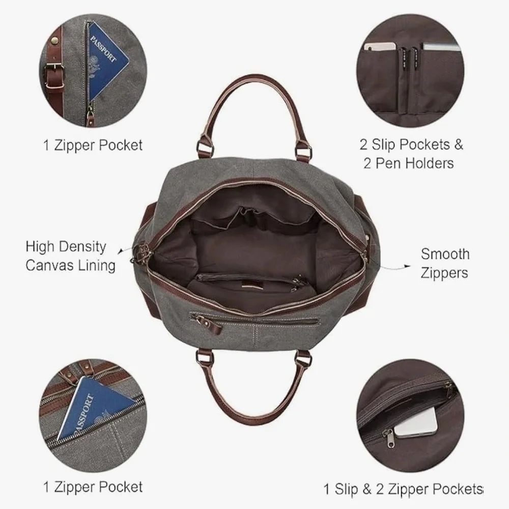🔥SALE BLUBOON Canvas Overnight Bag Travel Duffel UNISEX Weekender Dk Grey